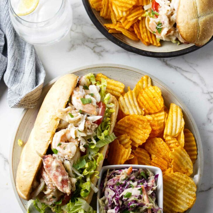 Two po boys made with shrimp and crab salad.