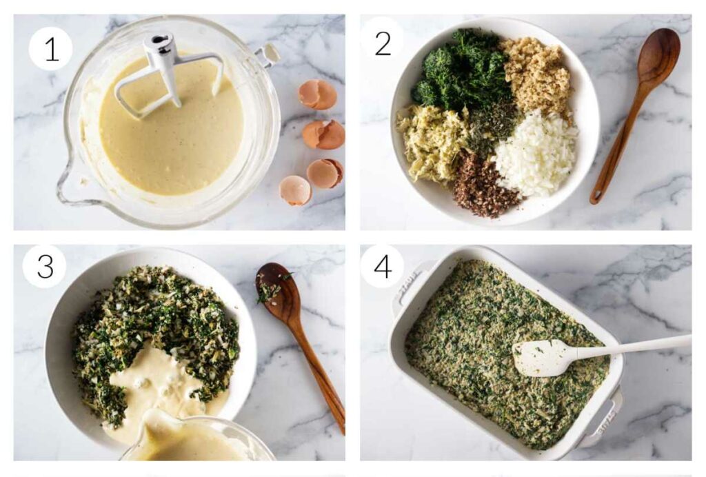 Four process shots showing how to make a casserole with spinach artichoke and quinoa.