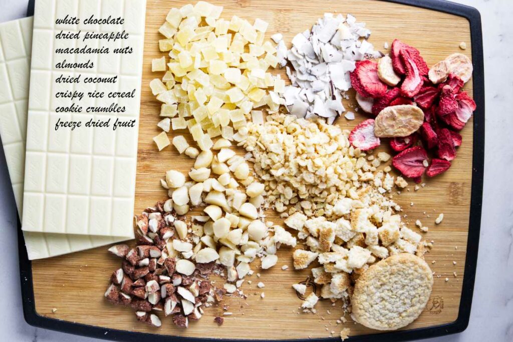 Ingredients used to make white chocolate candy bark.