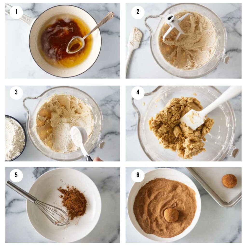 Six photos showing how to make browned butter snickerdoodles.