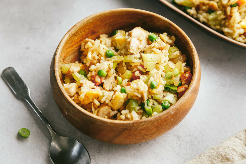 Chicken fried rice in a small bowl.