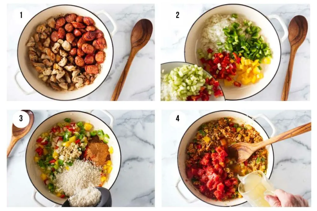 Four photos showing how to make an authentic cajun jambalaya recipe.