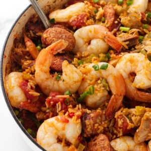 An authentic jambalaya recipe in a skillet.