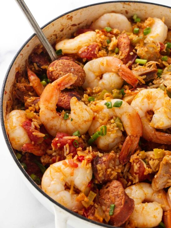 An authentic jambalaya recipe in a skillet.