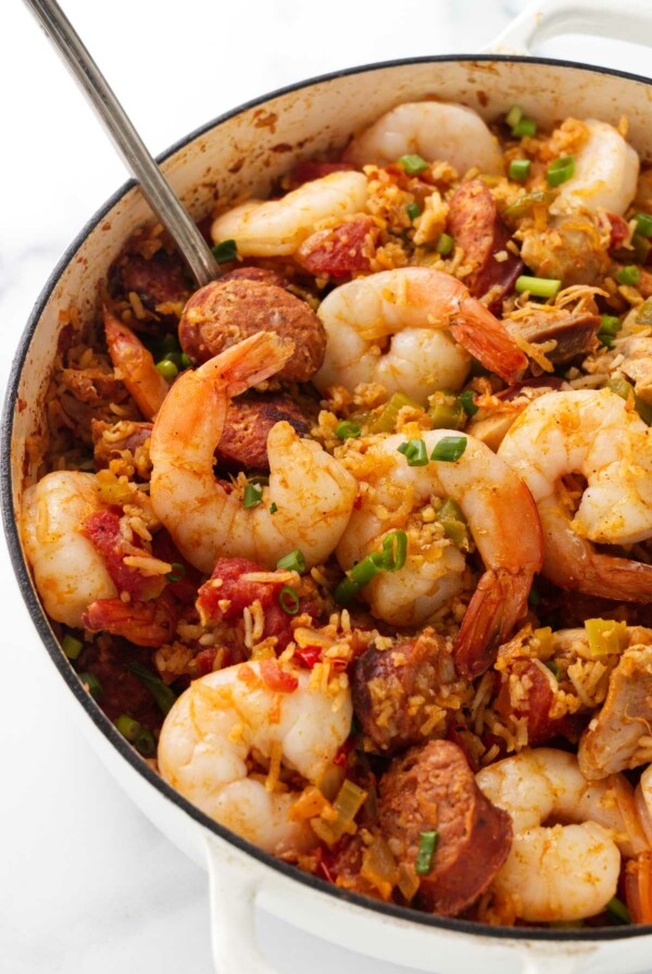 An authentic jambalaya recipe in a skillet.