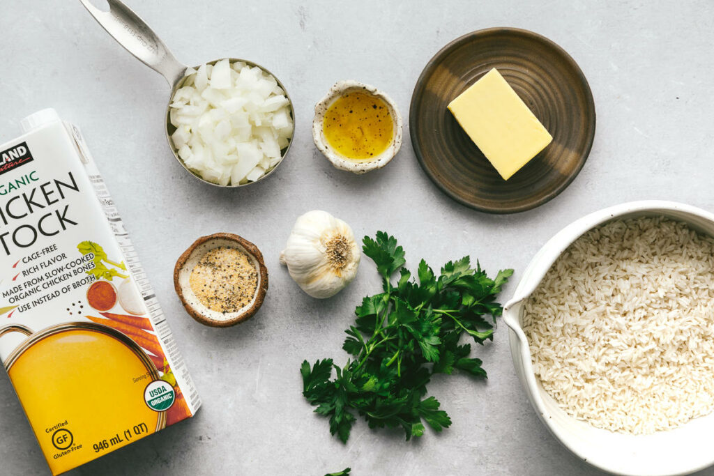 Ingredients used to make garlic butter rice.