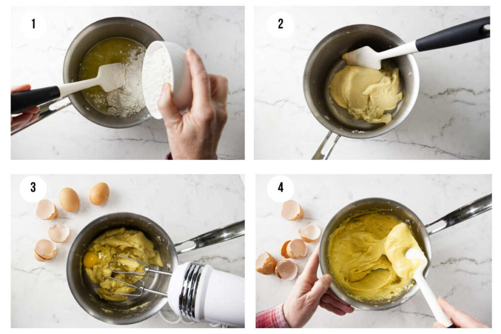 Four photos showing how to make choux pastry.