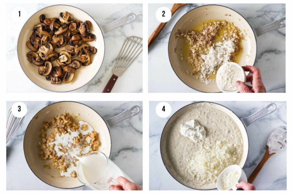 Four photos showing how to make the white sauce for creamy mushroom lasagna.