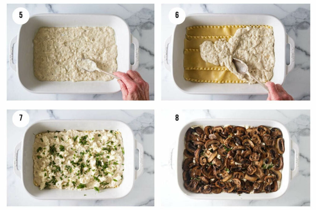Four photos showing how to layer mushrooms and lasagna noodles with sauce.