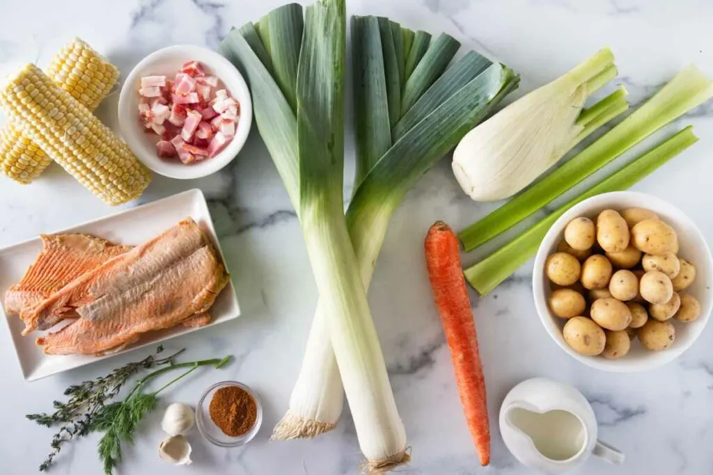 Ingredients used for smoked trout chowder.