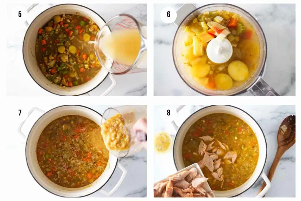 A collage of four pictures showing how to make trout chowder.