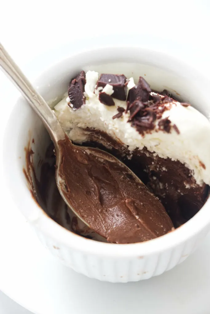 a spoon in a serving of chocolate pudding.