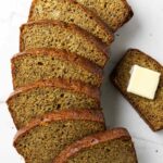 Slices of banana bread on a counter.