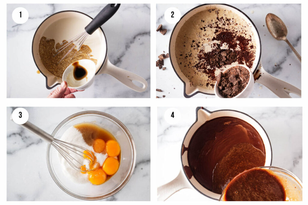 Photos showing steps to make the chocolate pots de creme.