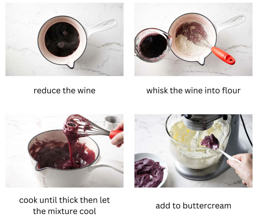 Four photos showing how to make red wine buttercream.