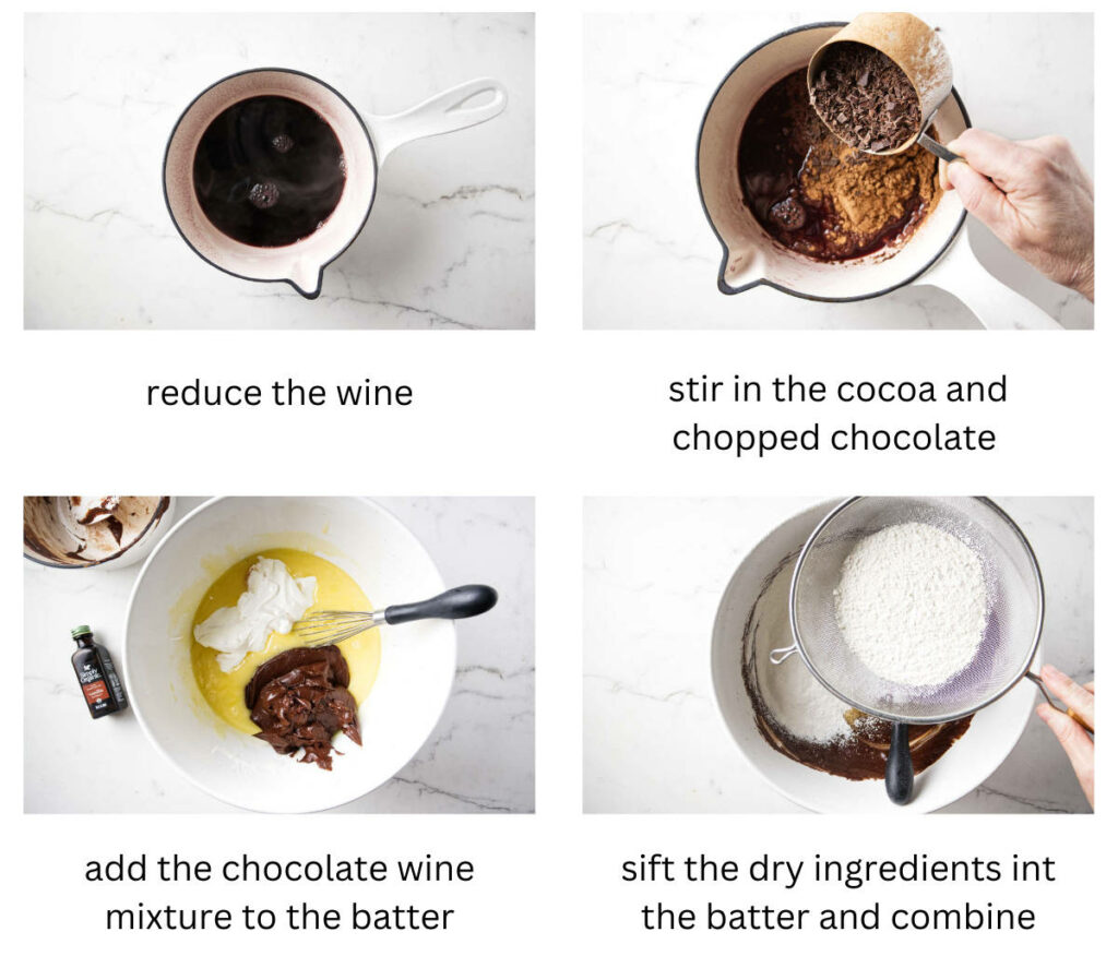 Four photos showing how to make red wine chocolate cake.