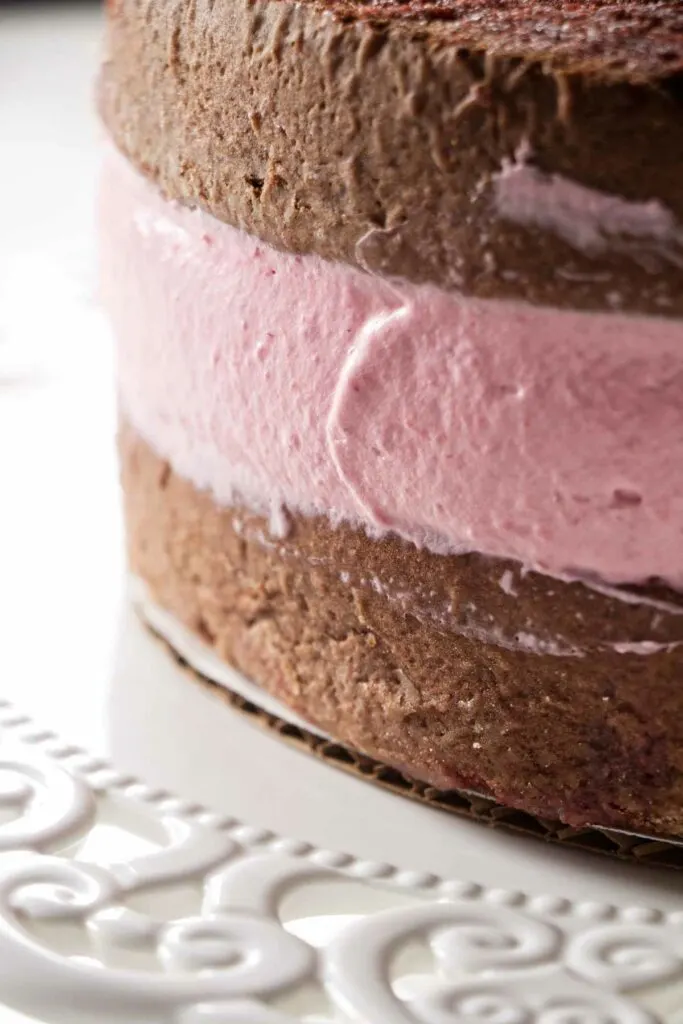 Raspberry mousse layered between two cakes.