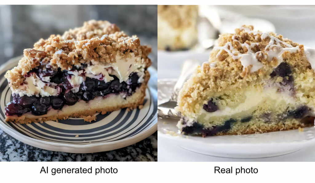 An AI generated photo vs a real photo of a blueberry cheesecake dessert.