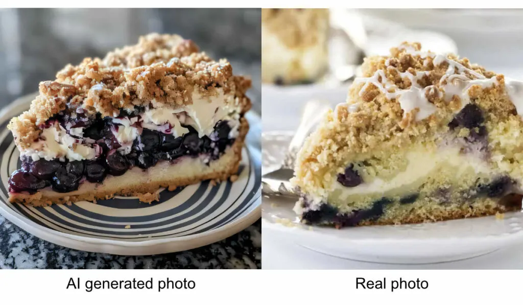 An AI generated photo vs a real photo of a blueberry cheesecake dessert.