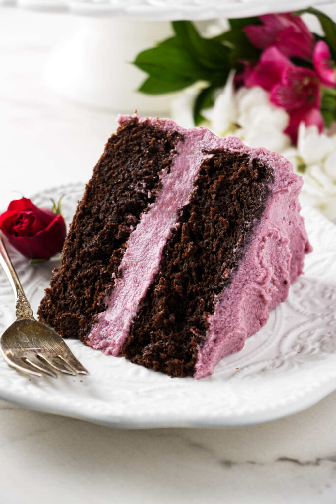 A chocolate cake made with red wine and covered with a red wine buttercream.