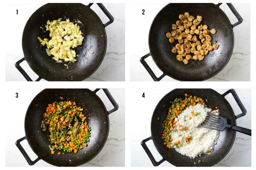 Four photos showing how to make shrimp fried rice.