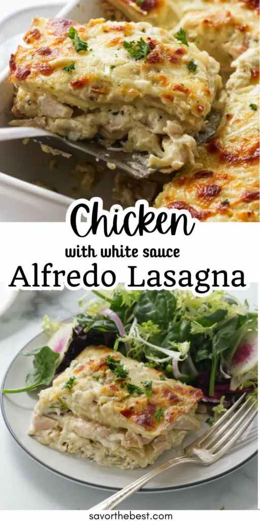 A pinterest image of white chicken lasagna.