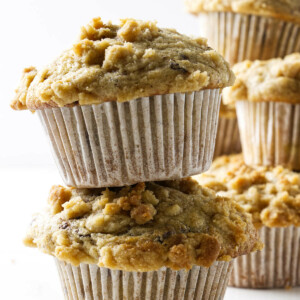 Sourdough banana muffins with crumb topping.