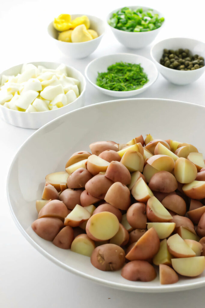 Ingredients used for red potato salad with yogurt dressing.
