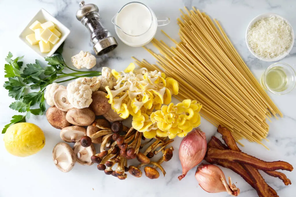 Ingredients used to make wild mushroom bucatini.