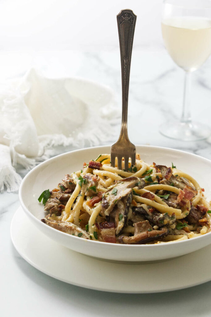 A pasta dish filled with wild mushroom bucatini.