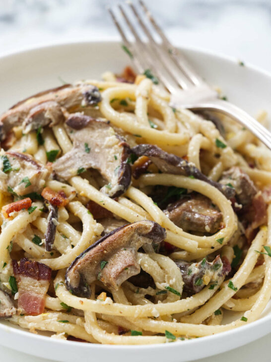 a dish filled with wild mushroom pasta.