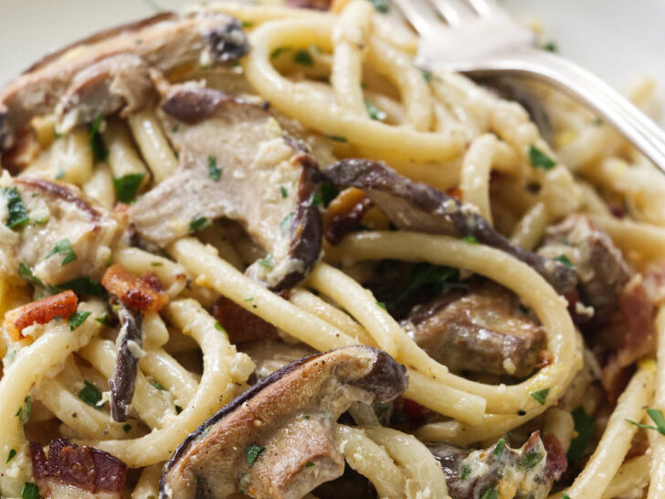 a dish filled with wild mushroom pasta.