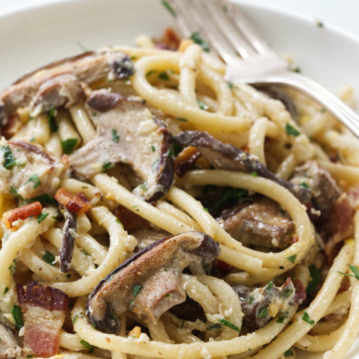 a dish filled with wild mushroom pasta.