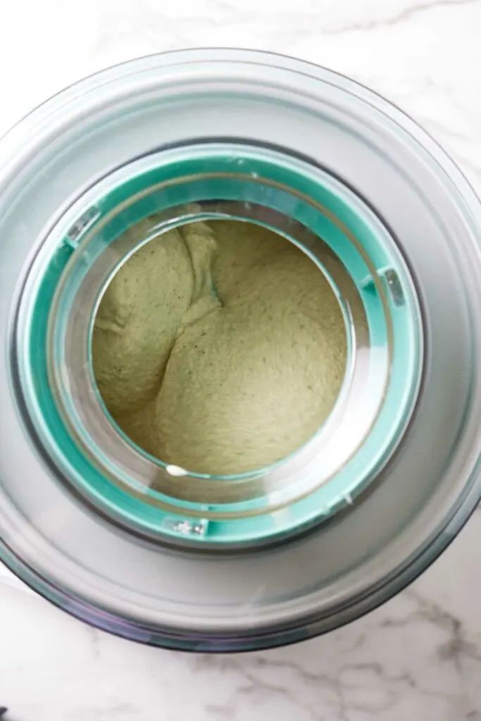 Churning browned butter ice cream in a Cuisinart ice cream maker.