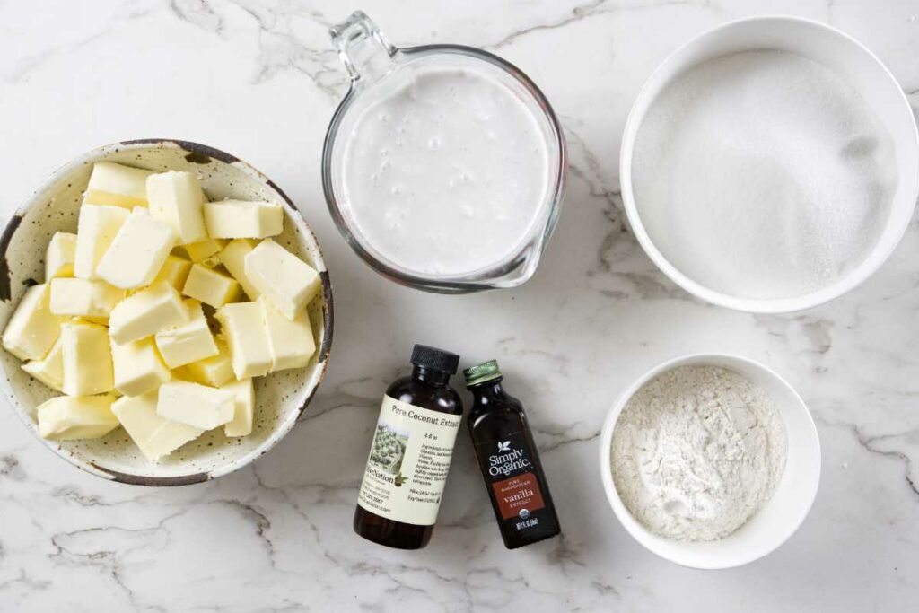 Ingredients to make coconut ermine frosting.