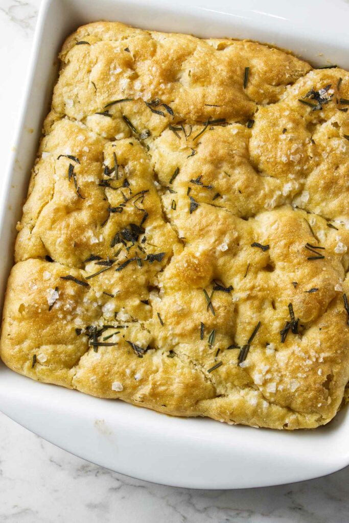 A freshly baked pan of einkorn focaccia bread.