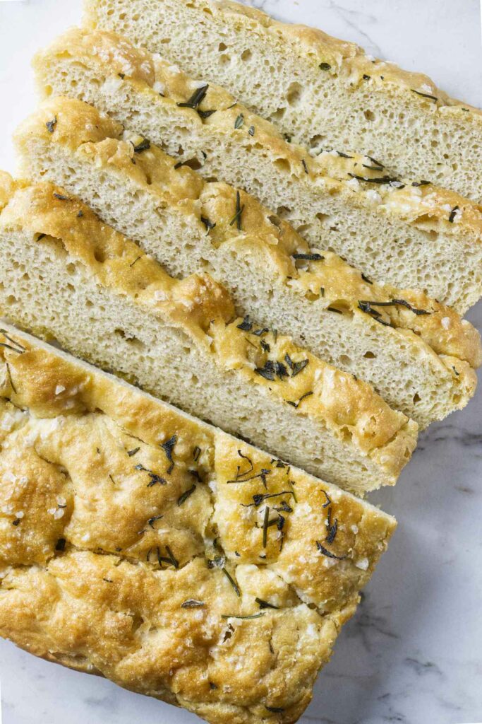 Several slices of einkorn white focaccia.