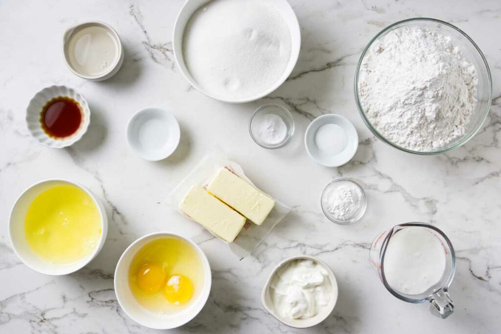 Ingredients used to make coconut cake.