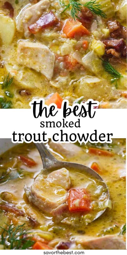 A collage of smoked trout chowder photos for pinterest.