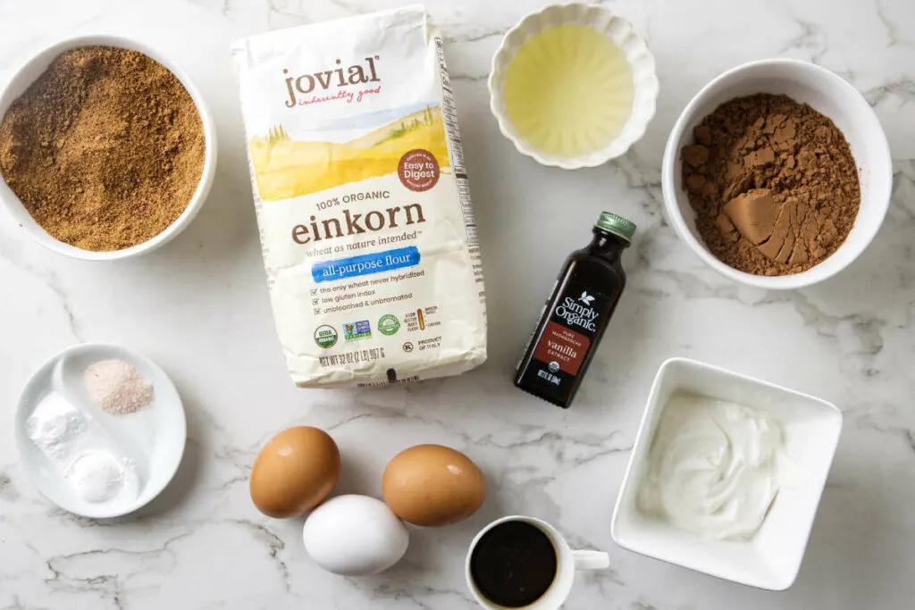 Ingredients used to make a chocolate cake with einkorn flour.