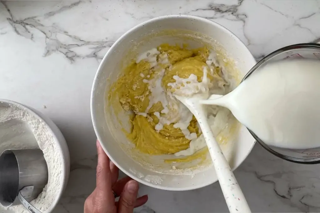 Mixing the coffee cake batter.