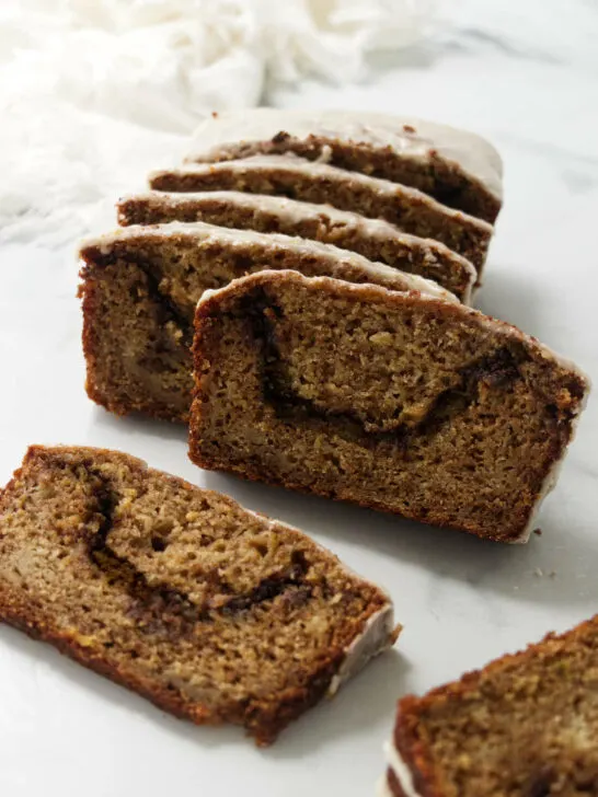 Cinnamon swirl apple loaf with a maple icing.