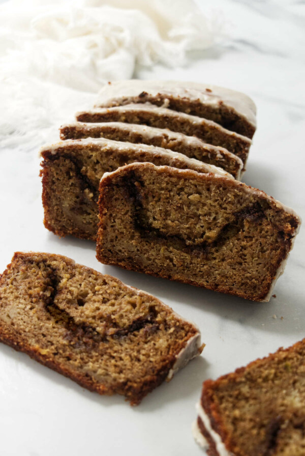 Cinnamon swirl apple loaf with a maple icing.