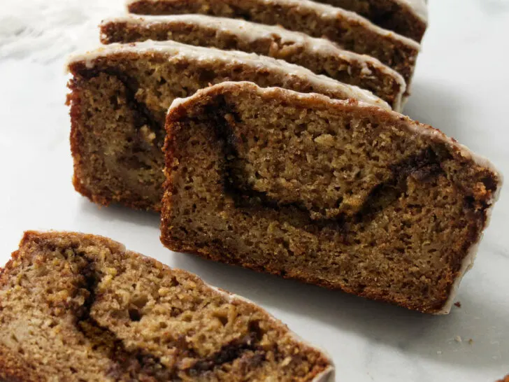 Cinnamon swirl apple loaf with a maple icing.