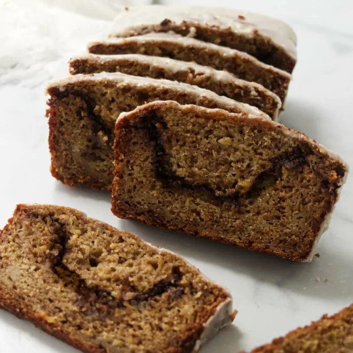 Cinnamon swirl apple loaf with a maple icing.