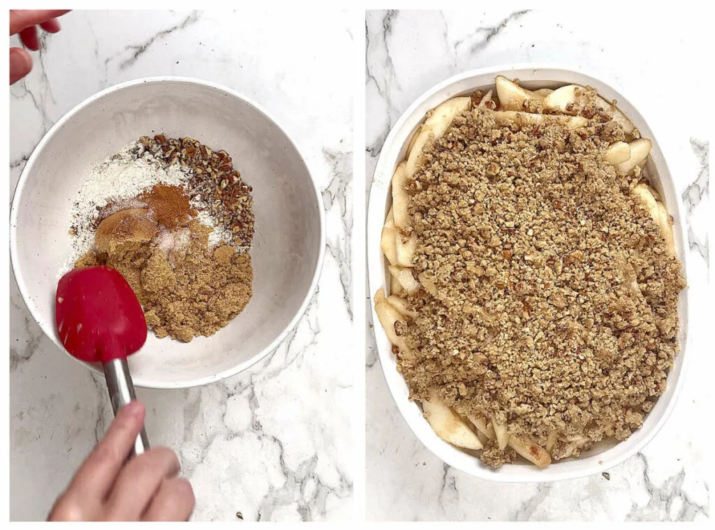 Adding the pecan topping to an old fashioned pear crisp with fresh pears in a large baking dish. 