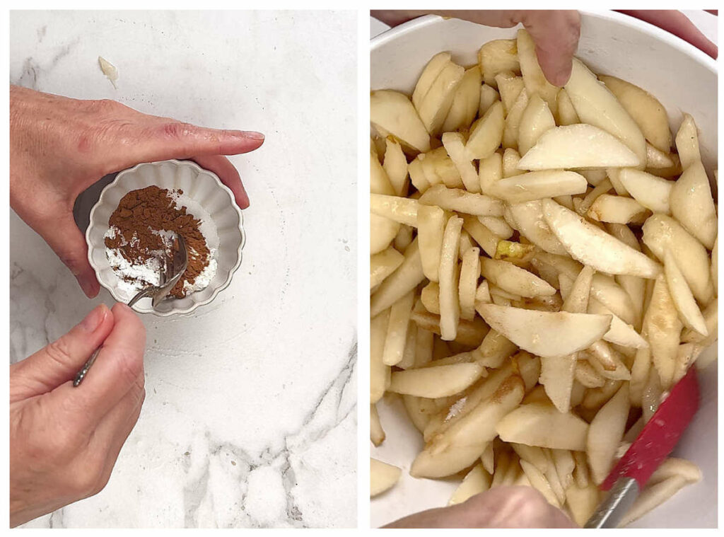 Mixing the thickener for a pear crisp with fresh pears. The pears cut into slices. 