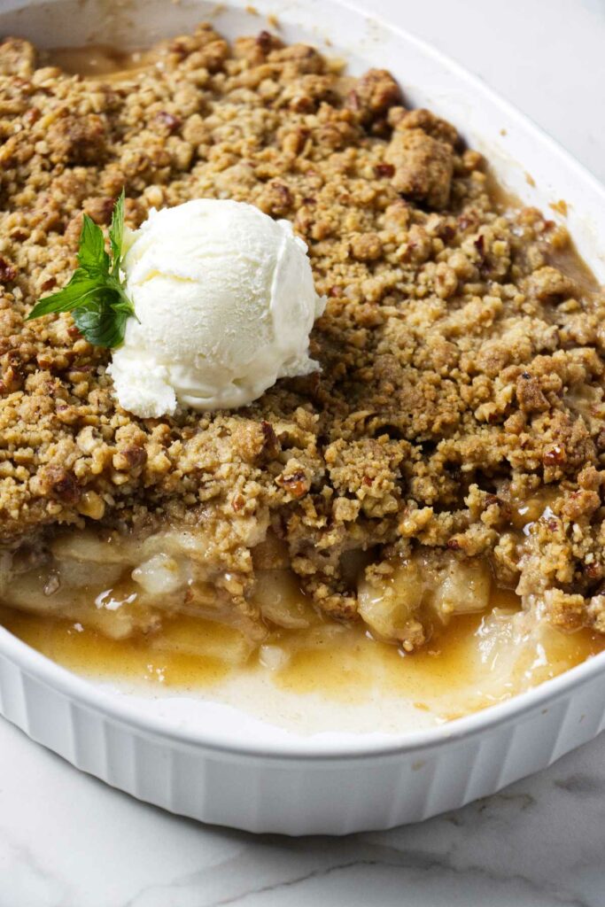 A large pear crisp in a 13 x 9 inch dish.