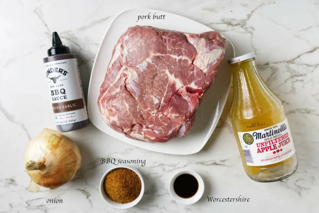 Ingredients used for slow cooker pulled pork with bbq sauce.