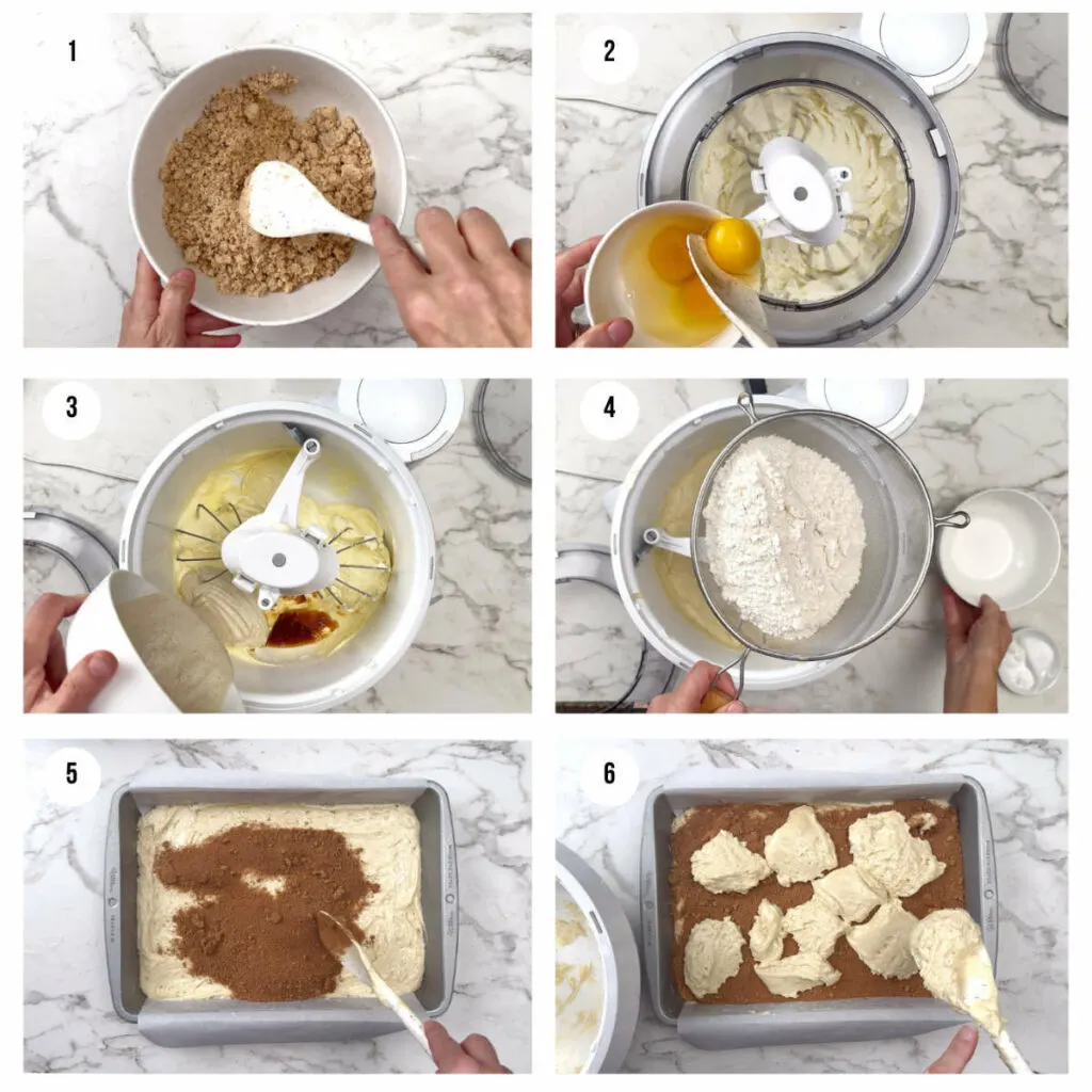 A collage of 6 photos showing how to make a sourdough discard coffee cake.